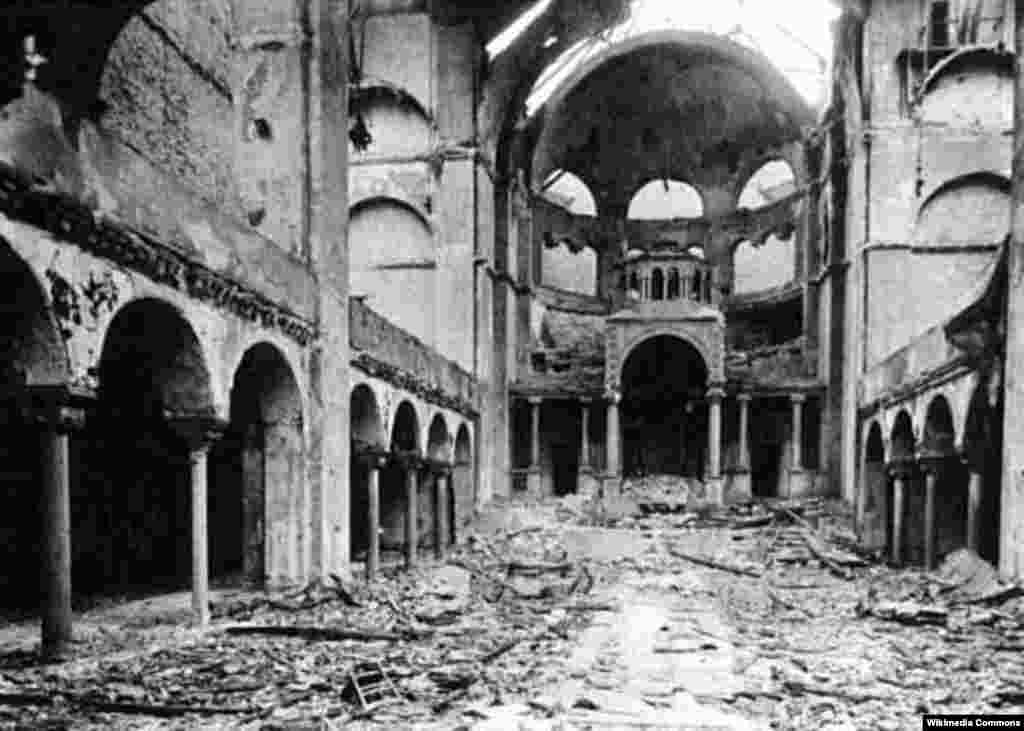 The gutted interior of the Fasanenstrasse Synagogue in Berlin, November 10, 1938.