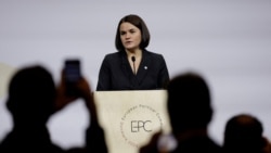 Svyatlana Tsikhanouskaya speaks at the European Political Community summit in Copenhagen, Denmark, October 2, 2025. 