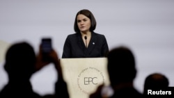 Svyatlana Tsikhanouskaya speaks at the European Political Community summit in Copenhagen, Denmark, October 2, 2025. 