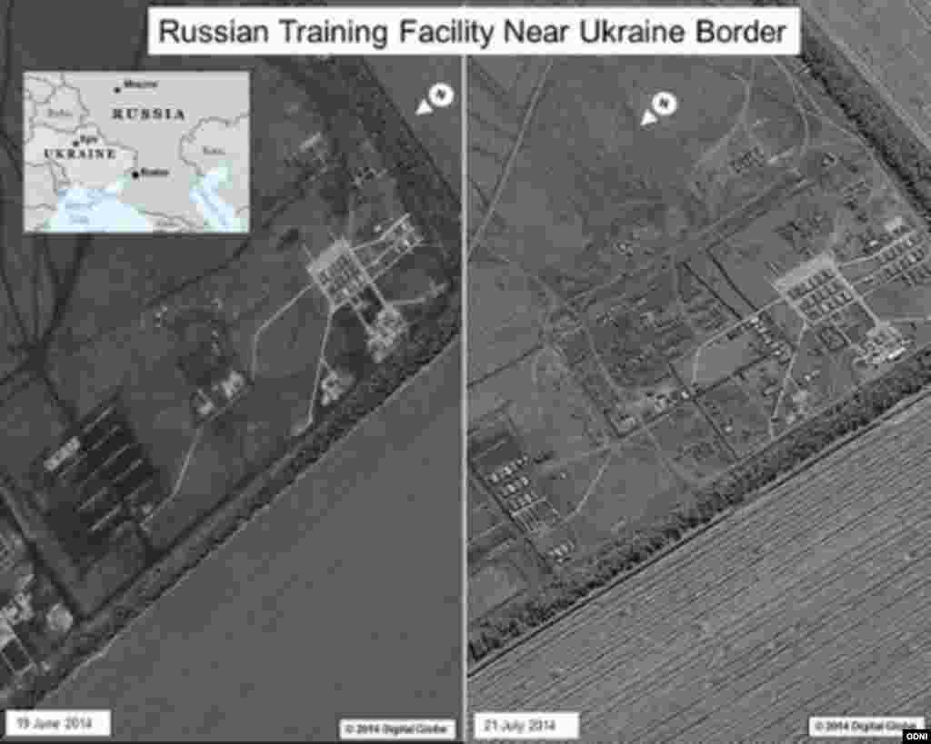 Две фотографии спутникового наблюдения - российская военная база в Ростовской области. С июня 2014 года на базе отмечена повышенная активность. Согласно данным "Вашингтон пост", американская разведка впервые определила эту базу как основной источник российской поддержки сепаратистов в Восточной Украине.