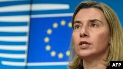 Belgium -- European Union foreign policy chief Federica Mogherini delivers a press briefing at an EU-Ukraine Association Council at the EU headquarters in Brussels, December 19, 2016