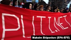 People attend an opposition rally against the censorship of the Internet in Moscow in March 2019.