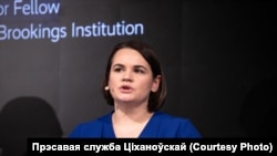 Лідэрка дэмакратычных сілаў Беларусі Сьвятлана Ціханоўская на Мюнхэнскай канфэрэнцыі.