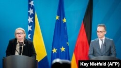 Ministrica vanjskih poslova Bosne i Hercegovine Bisera Turković i ministar vanjskih poslova Njemačke Heiko Maas na zajedničkoj konferenciji za novinare nakon razgovora u Ministarstvu vanjskih poslova u Berlinu, 9. marta 2021.