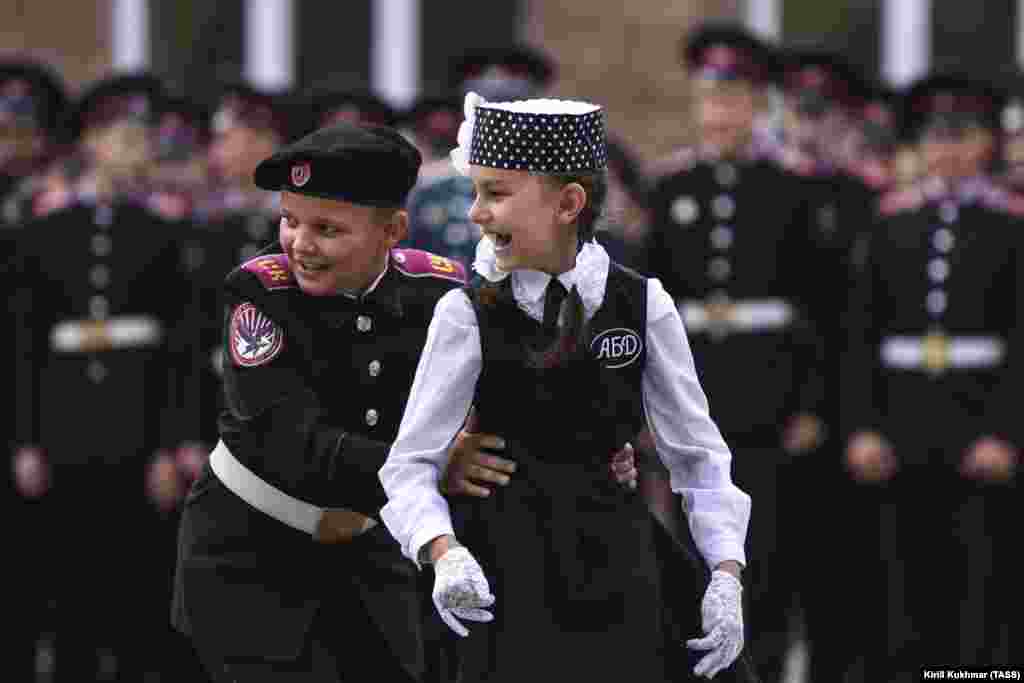 Cadets of a Siberian military school attend a ceremony marking Knowledge Day. The holiday marks the beginning of a new school year in Russia and is celebrated on September 1. (TASS/Kirill Kukhmar)