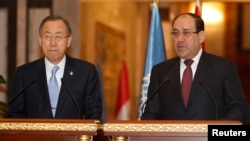 UN Secretary-General Ban Ki-moon (left) with Iraqi Prime Minister Nuri al-Maliki at a news conference in Baghdad on January 13
