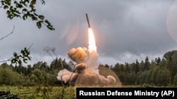 RUSSIA -- A Russian Iskander-K missile is launched during a military exercise at a training ground at the Luzhsky Range, near St. Petersburg, Septtember 19, 2017