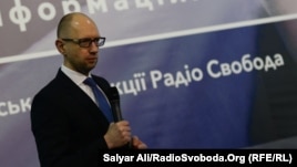 Ukrainian Prime Minister Arseniy Yatsenyuk at the 60th anniversary event for RFE/RL's Ukrainian Service in Kyiv