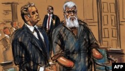 A courtroom sketch shows radical Islamist preacher Abu Hamza al-Masri (right) in Federal Court for his arraignment along with his defense lawyer in New York in 2012.