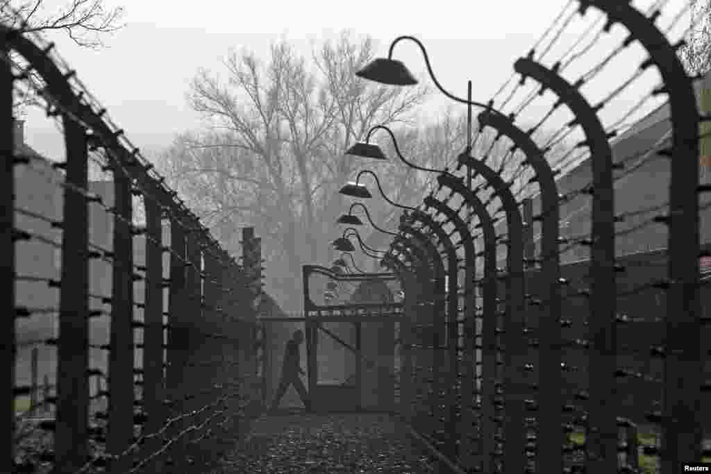 In Poland, a visitor walks between electric barbed-wired fences at the Auschwitz-Birkenau memorial and former concentration camp on November 18. (Reuters/Kacper Pempel)