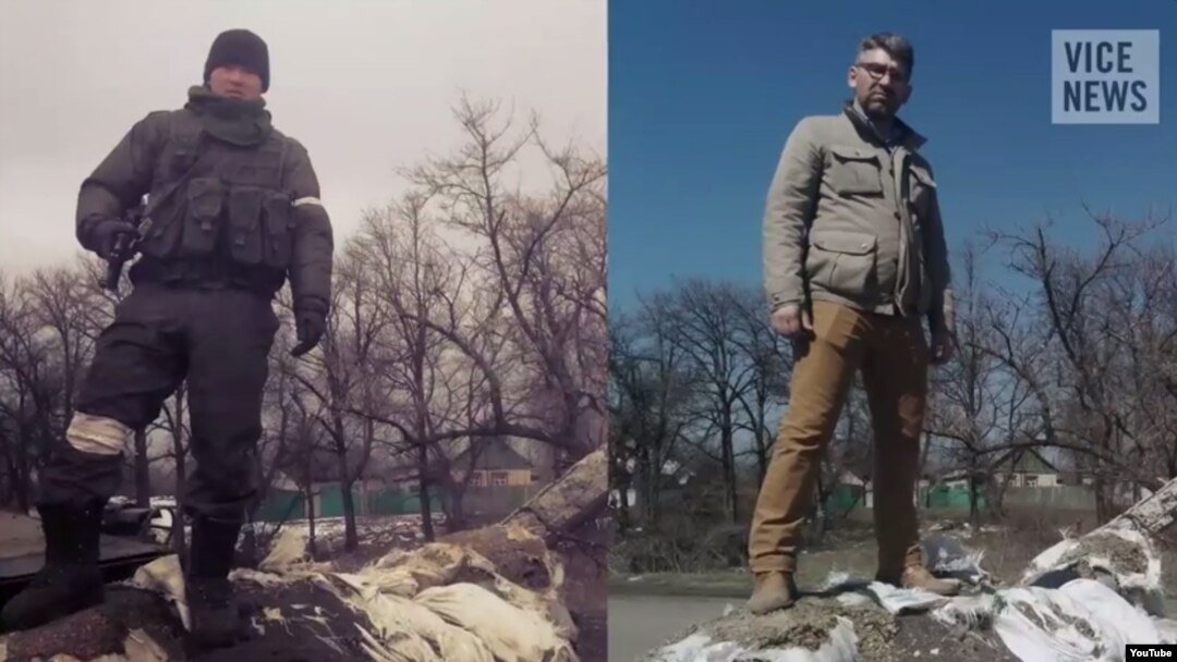 Ліворуч: фотографія російського військового Бато Дамбаєва, яку він виклав на власну сторінку «ВКонтакте» у лютому 2015 року (період боїв за Дебальцеве). Праворуч: фотографія журналіста Vice News Саймона Островського. Обидві фотографії зроблені на блокпосту у Вуглегірську, що неподалік Дебальцева