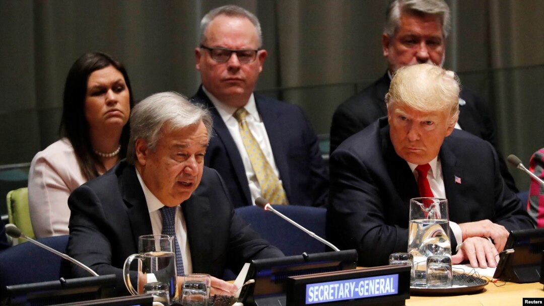 АКШ президенти Дональд Трамп жана баш катчы Антониу Гутерреш БУУдагы жыйында. Нью-Йорк, 2018-жыл. 