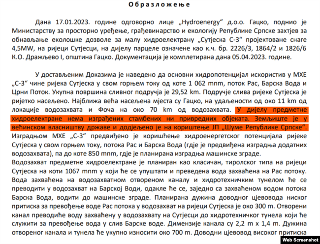 U ekološkoj dozvoli navedeno da je zemljište na kojoj se grade hidroelektrane u državnom vlasništvu.