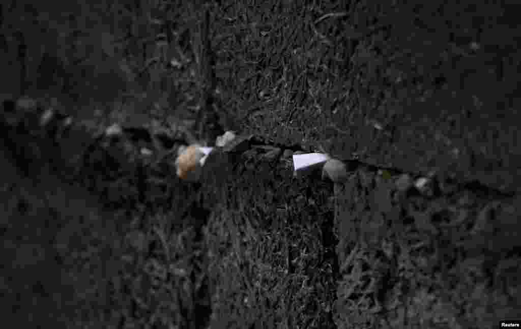 A paper note is placed in the "death wall" at the former Nazi German concentration and extermination camp Auschwitz-Birkenau in Oswiecim, Poland, during ceremonies to mark the 71st anniversary of the liberation of the camp by Soviet troops and to remember the victims of the Holocaust. (Reuters/Kacper Pempel)