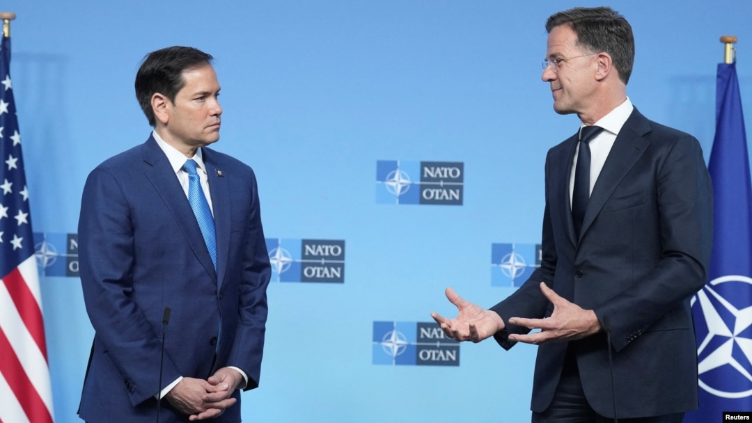 NATO Secretary General Mark Rutte meets with US Secretary of State Marco Rubio on the sidelines of a NATO foreign ministers meeting in Brussels on April 3.