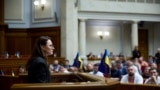 Ukraine's newly approved Prime Minister Yulia Svyrydenko speaks in the Ukrainian parliament in Kyiv on July 17. 