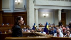 Ukraine's newly approved Prime Minister Yulia Svyrydenko speaks in the Ukrainian parliament in Kyiv on July 17. 