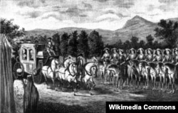 Встреча Екатерины II «Амазонской ротой» вблизи Балаклавы в 1787 году. Впереди строя - ротный капитан Елена Ивановна Сарданова