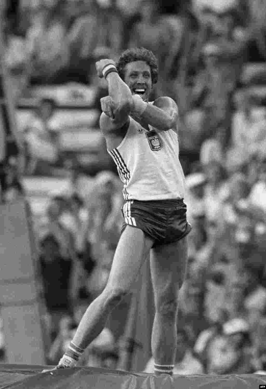 Polish pole vaulter Wladyslaw Kozakiewicz makes an obscene gesture to the crowd, which was rooting for Soviet jumper Konstantin Volkov, after setting a world record in the pole-vault final in Moscow in 1980.