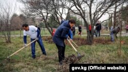 Премьер-министр Сапар Исаков на субботнике в Ботаническом саду. Бишкек, 24 марта 2018 года.