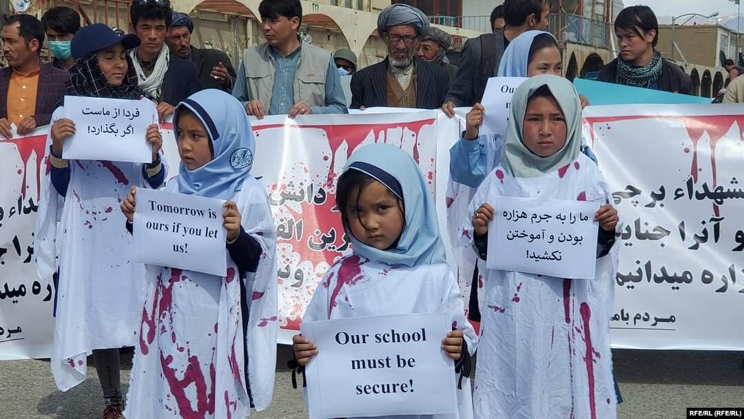 Protesters in central Bamyan Province condemned the attack on a girls' school in Kabul on May 8 that killed at least 50.