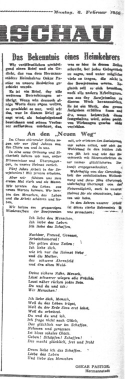 „Mărturisirea unui repatriat” - Oskar Pastior (Neuer Weg, 6.2. 1950)