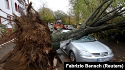 Firefighters stand next to a car damaged by a tree that fell during Storm Herwart in Berlin on October 29.