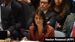 U.S. ambassador to the United Nations, Nikki Haley speaks during a UN Security Council meeting, at United Nations Headquarters in New York, April 10, 2018