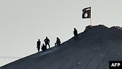 Боевики экстремистской группировки "Исламское государство" подняли свой флаг на горе в сирийском городе Кобане. 7 октября 2014 года. 