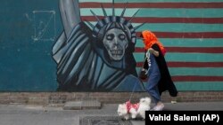 A woman walks her dog past a wall of the former U.S. Embassy in Tehran.