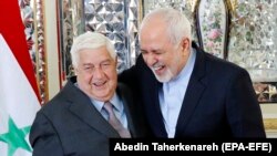 Iranian Foreign Minister Mohammad Javad Zarif (R) greets his Syrian counterpart Walid al-Muallem in Tehran, February 5, 2019