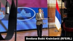 Ana Brnabić u obraćanju novinarima u holu parlamenta, 27. novembar 2024.