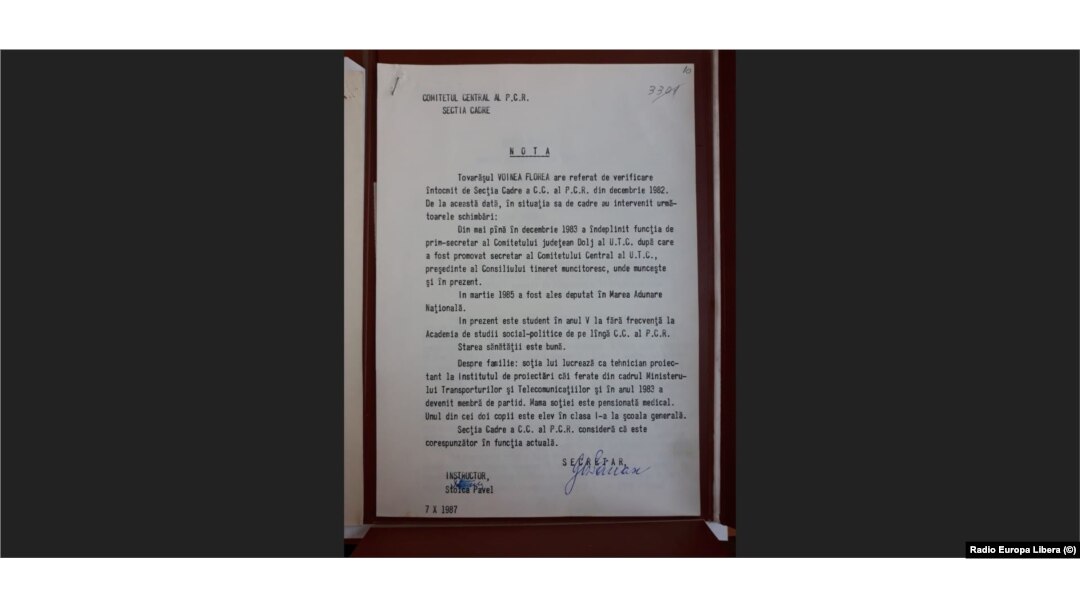 Document al Secției Cadre CC al PCR, cuprinzând o evaluare a lui Glorea (Ică Voinea)