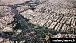 An aerial view of Hagh Shenas Square, south of Tehran, Iran. Undated. 