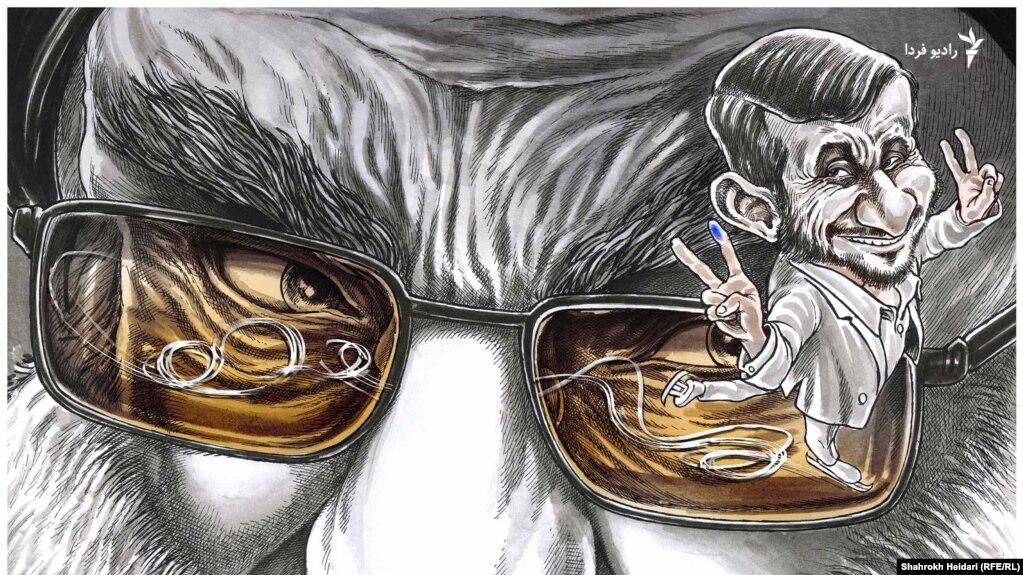 A political cartoon on Ahmadinejad's surprise decision to register as a presidential candidate despite being told by Supreme Leader Ayatollah Ali Khamenei not to do so (by Shahrokh Heidari)