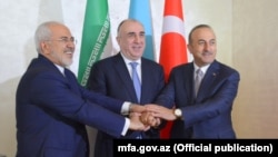 Elmar Mammadyarov, Minister of Foreign Affairs of the Republic of Azerbaijan, Mohammad Javad Zarif, Minister of Foreign Affairs of the Islamic Republic of Iran, Mevlüt Çavuşoğlu (right) Minister of Foreign Affairs of the Republic of Turkey. Azerbaijan, Ba