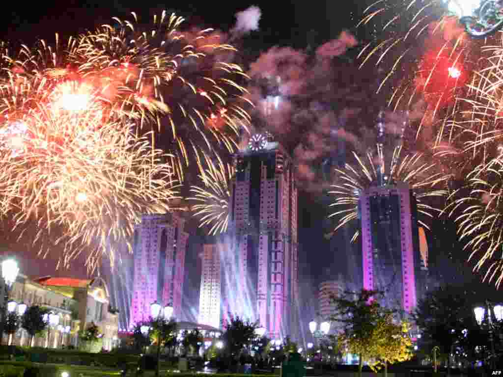 Fireworks light up the night sky in Grozny.