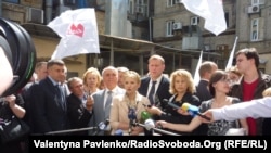 Yulia Tymoshenko addresses the media before her court hearing in Kyiv on May 11.