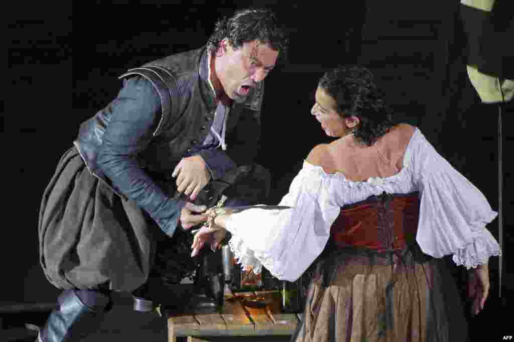 Vittorio Grigolo and Marie-Ange Todorovitch in a rehearsal of "Rigoletto" in 2011. The opera draws on a play by Victor Hugo, and initially had trouble with censors in Austrian-controlled northern Italy for its satirical depiction of nobility.