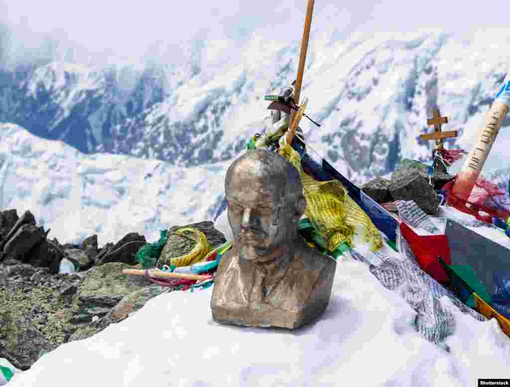 Lenin Peak, Tajikistan: A little Lenin on the mighty plinth of the 7,134 meter-high mountain, which straddles Tajikistan and Kyrgyzstan.