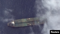 What appears to be the Iranian oil tanker Adrian Darya 1 off the coast of Tartus, Syria, is pictured in this September 6, 2019 satellite image provided by Maxar Technologies. 