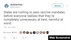 Tvit koji kaže da države žure da usvoje odredbe o obaveznom vakcinisanju prije nego što svi shvate da je u najboljem slučaju potpuno nepotrebno, a u najgorem štetno.