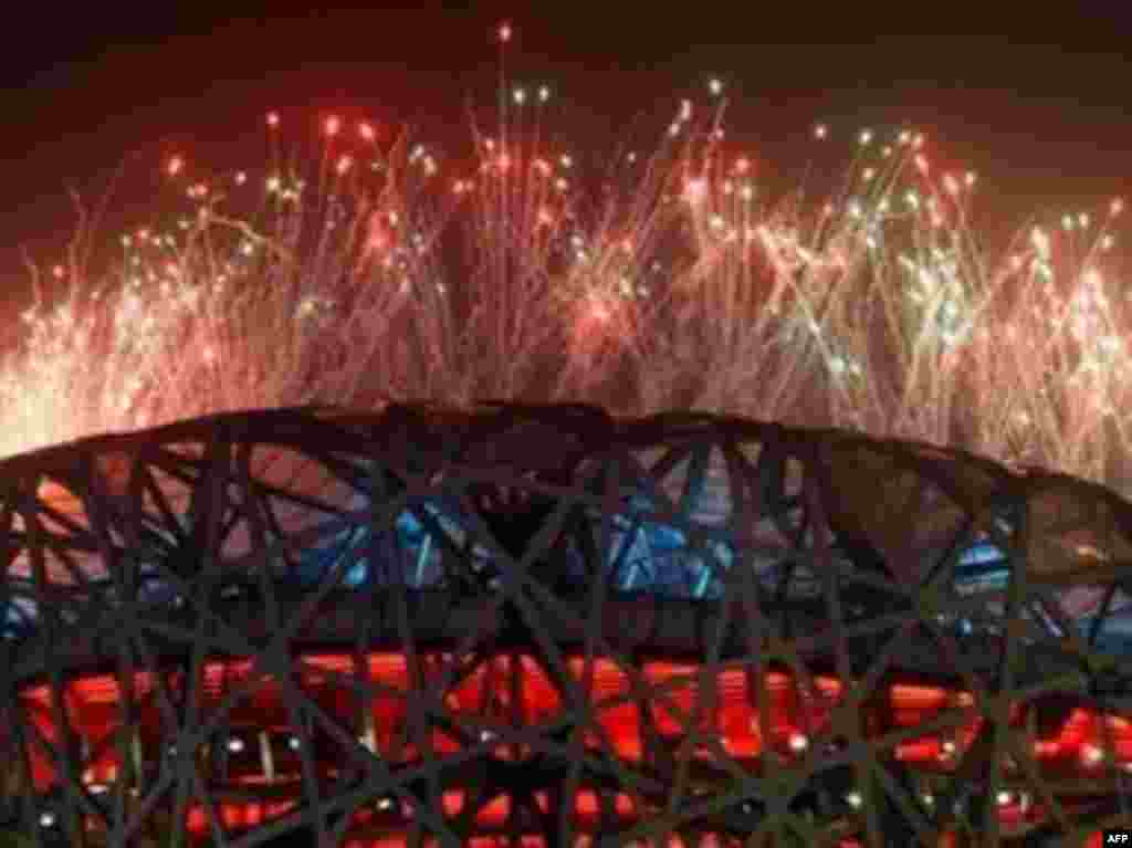 China -- Fireworks light up the sky over the National Stadium in Beijing, during the opening ceremony of the 2008 Beijing Olympic Games, 08Aug2008