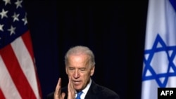 U.S. Vice President Joe Biden speaks in Tel Aviv today.