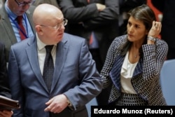 Haley and Russia's UN Ambassador Vasily Nebenzya before a UN Security Council meeting on Syria in April