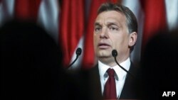 Prime Minister-elect Viktor Orban delivers his victory speech on April 25.