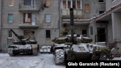 Tanks are seen in the government-held industrial town of Avdiyivka on February 2.