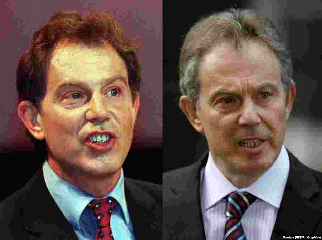 Former British Prime Minister Tony Blair in 1997 (left) and 2007. 