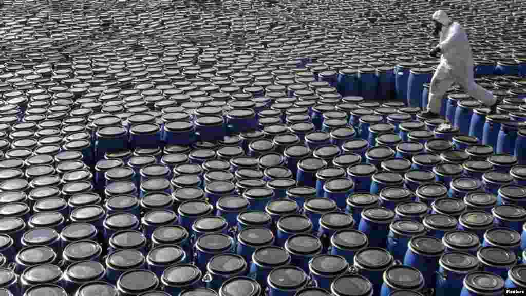 A Belarusian Emergency Ministry worker walks on barrels of pesticide at a burial site in a forest near the village of Savichi on September 26. About 640 tons of pesticides, including DDT, were extracted from the ground due to pollution issues. (REUTERS/Vasily Fedosenko)