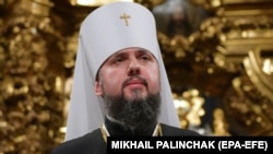 The newly elected head of the Ukrainian Orthodox Church, Metropolitan Epifaniy, speaks during a closed-door Unification Council at St. Sophia's Cathedral.